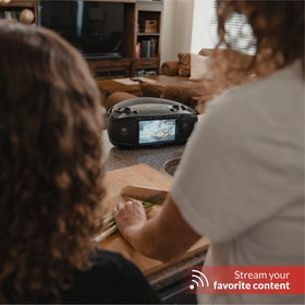 Aiwa portable boombox bass function enhances low-end depth.