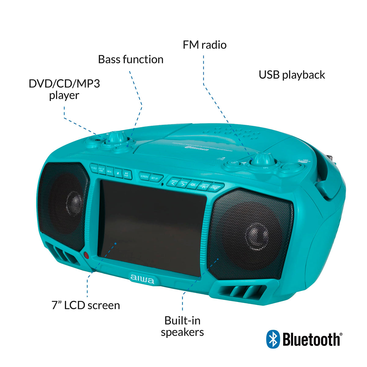 Aiwa portable boombox Bluetooth module enabling quick wireless music streaming.