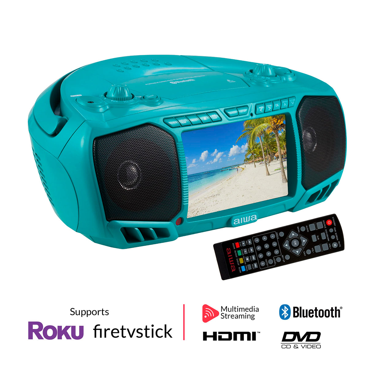 Aiwa portable boombox CD/DVD player ready for nostalgic media playback.