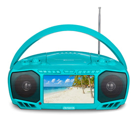 Aiwa portable boombox front view with 7-inch display for immersive outdoor entertainment.