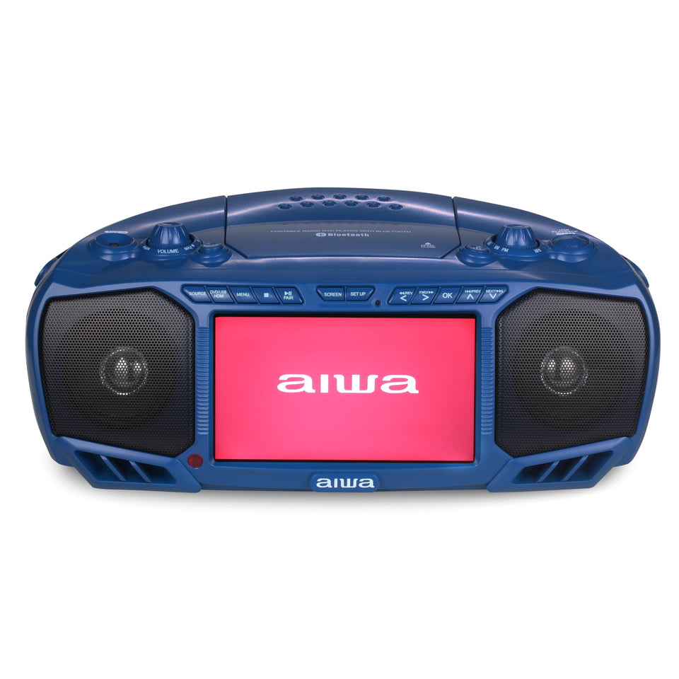 Aiwa portable boombox front view showing bold sound and compact design.