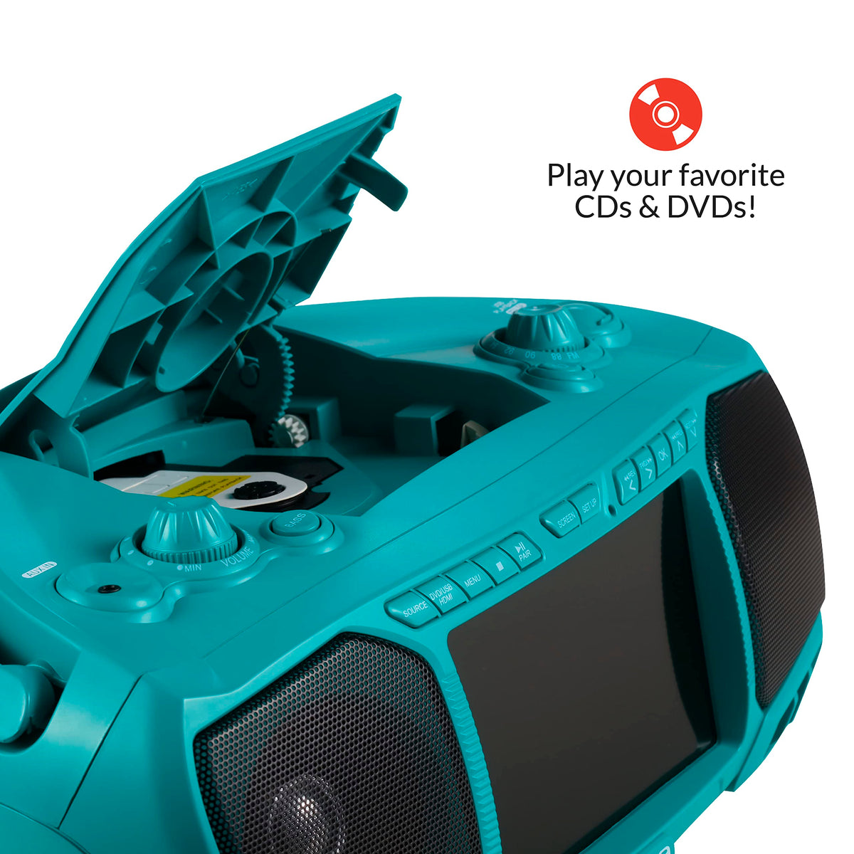 Aiwa portable boombox HDMI streaming shows external content on a larger screen.