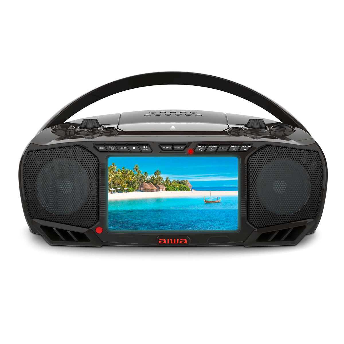 Aiwa portable DVD player with a 7-inch LCD display for crisp viewing on the go.