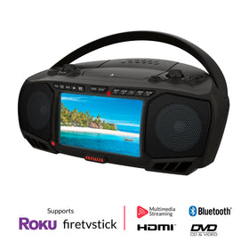 Aiwa portable DVD player with Bluetooth connectivity for wireless music playback.
