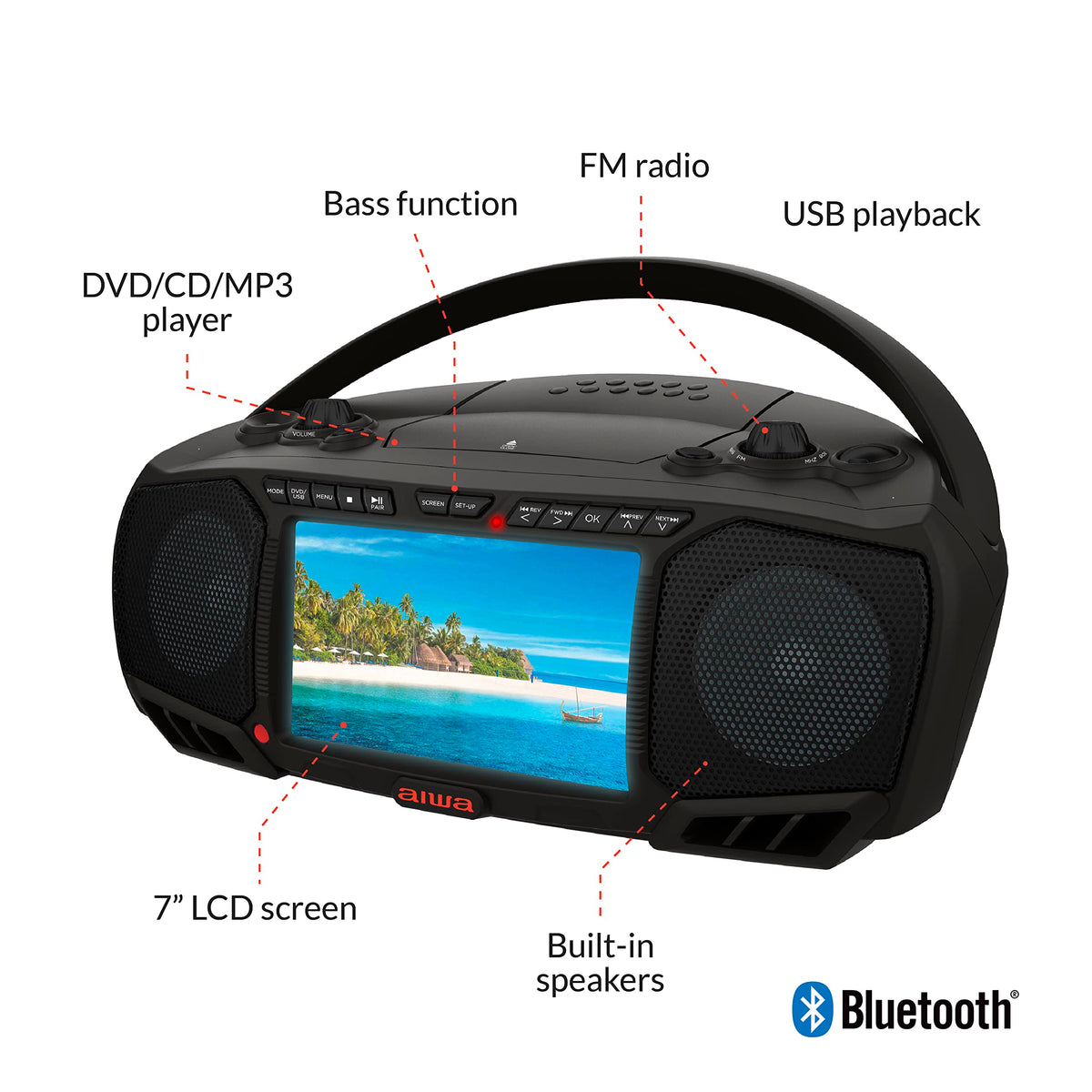 Aiwa portable DVD player featuring dual 3W speakers for clear room-filling audio.