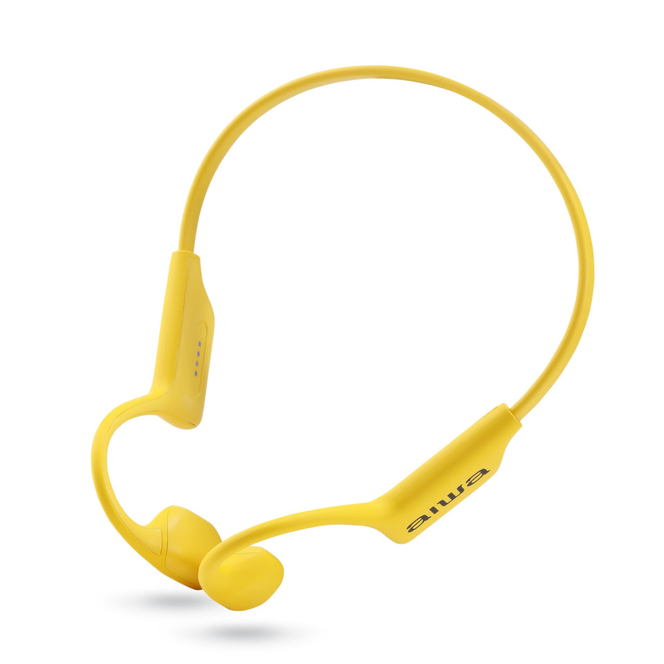 Aiwa Prodigy Swim front view showing open-ear fit and bright yellow color, ideal for visibility