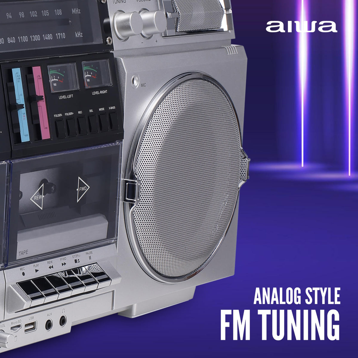 AIWA dual 40W speakers deliver balanced room-filling sound
