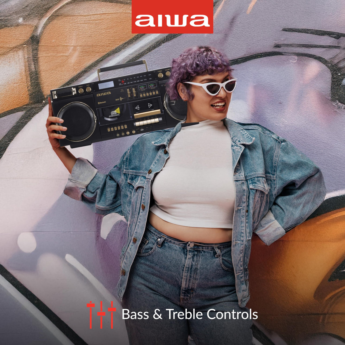 Aiwa retro boombox yellow Bluetooth panel highlights wireless streaming convenience.