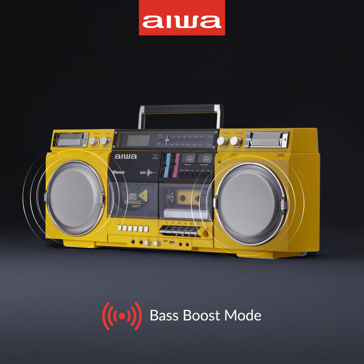 Aiwa retro boombox yellow CD area emphasizes easy CD playback.