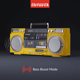 Aiwa retro boombox yellow CD area emphasizes easy CD playback.