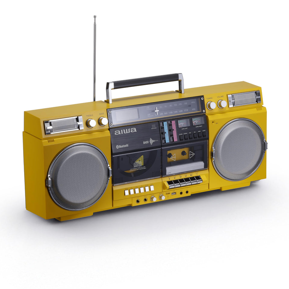 Aiwa retro boombox yellow front view highlighting portable handle and control panel for on-the-go listening.