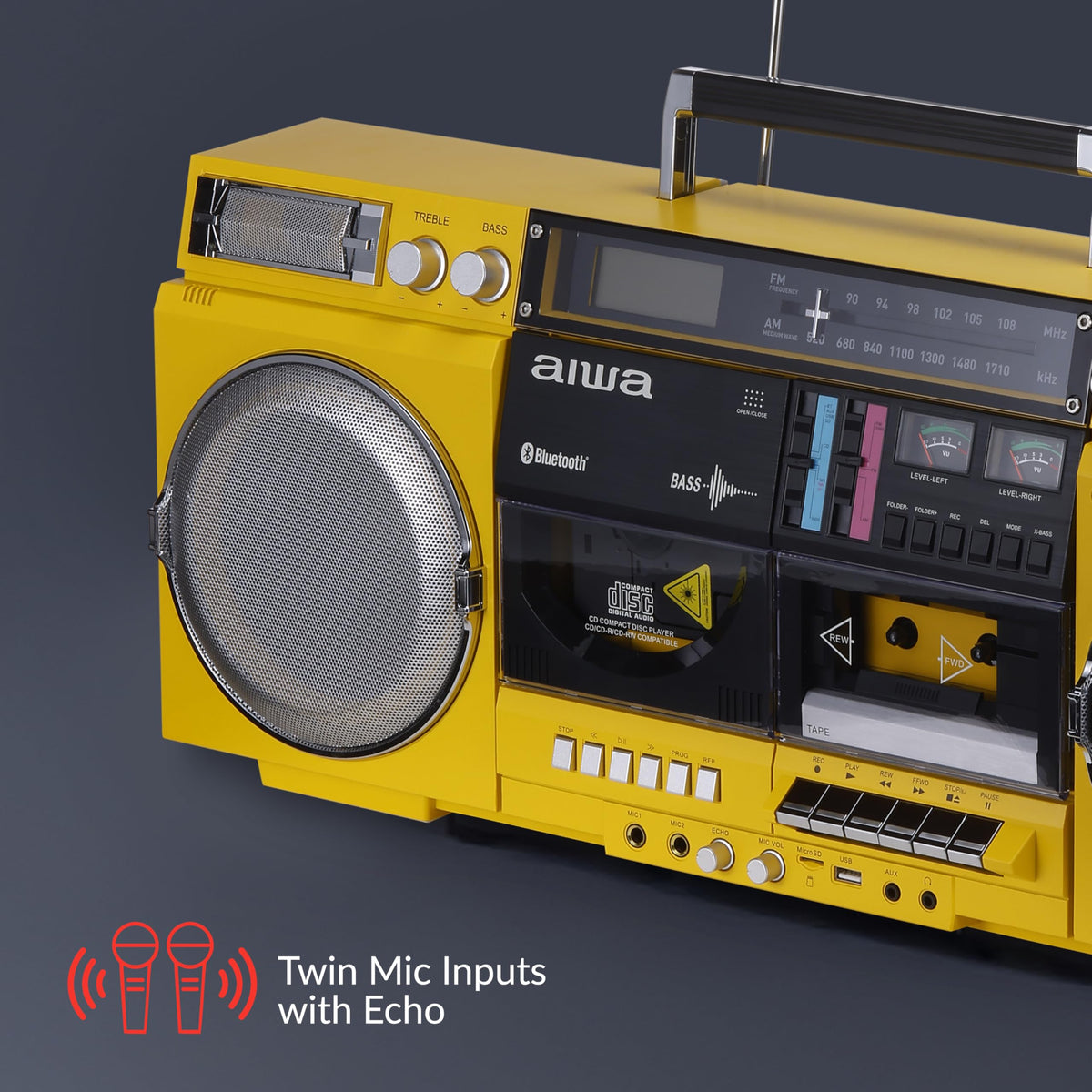 Aiwa retro boombox yellow LCD display provides quick track information at a glance.