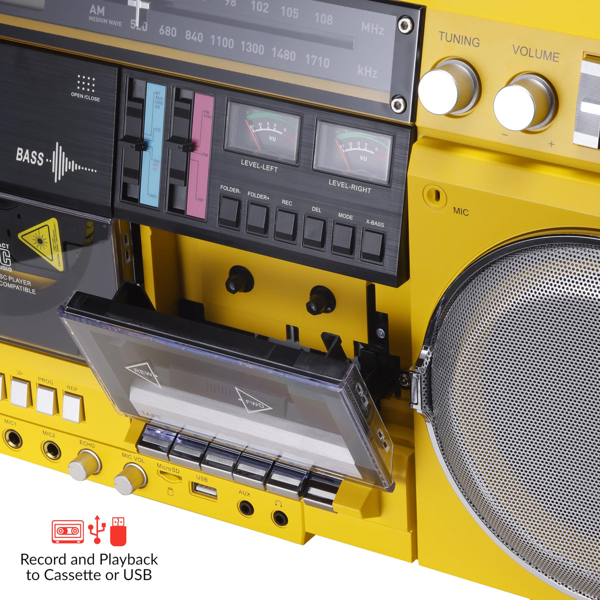 Aiwa retro boombox yellow side angle showing compact portability and vintage styling.