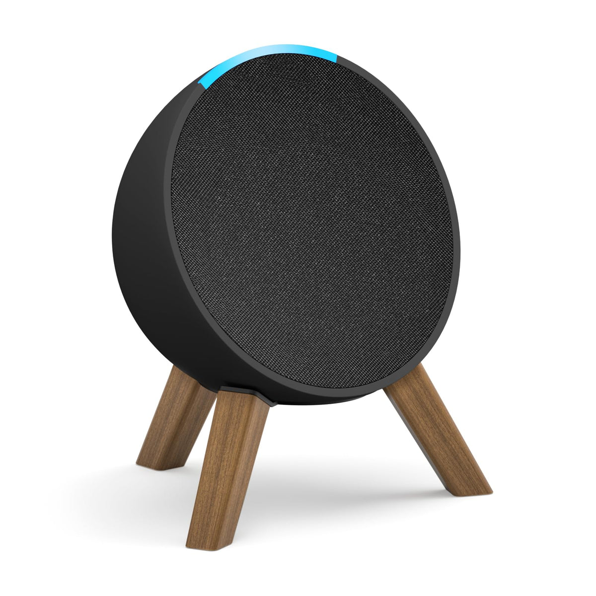 Aiweiwa front view of stand holding Echo Pop showing sleek wood and metal stability
