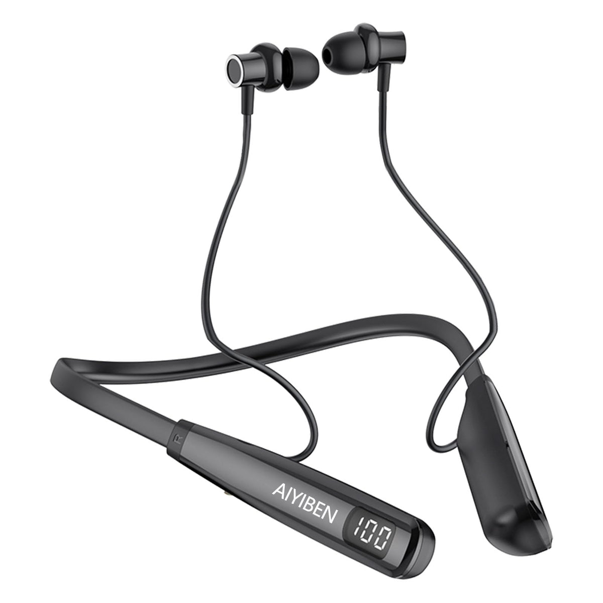 AIYIBEN neckband headphones with LED display showing battery level for quick checks.