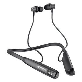 AIYIBEN neckband headphones with LED display showing battery level for quick checks.