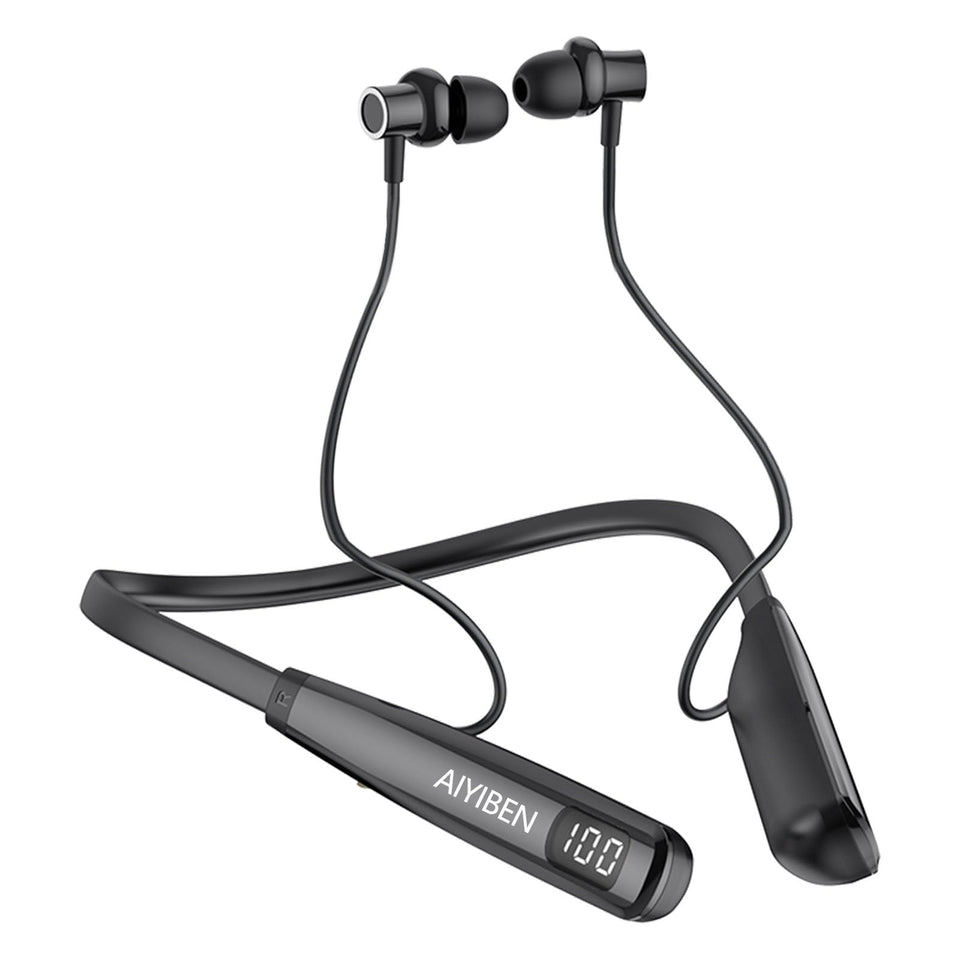 AIYIBEN neckband headphones with LED display showing battery level for quick checks.