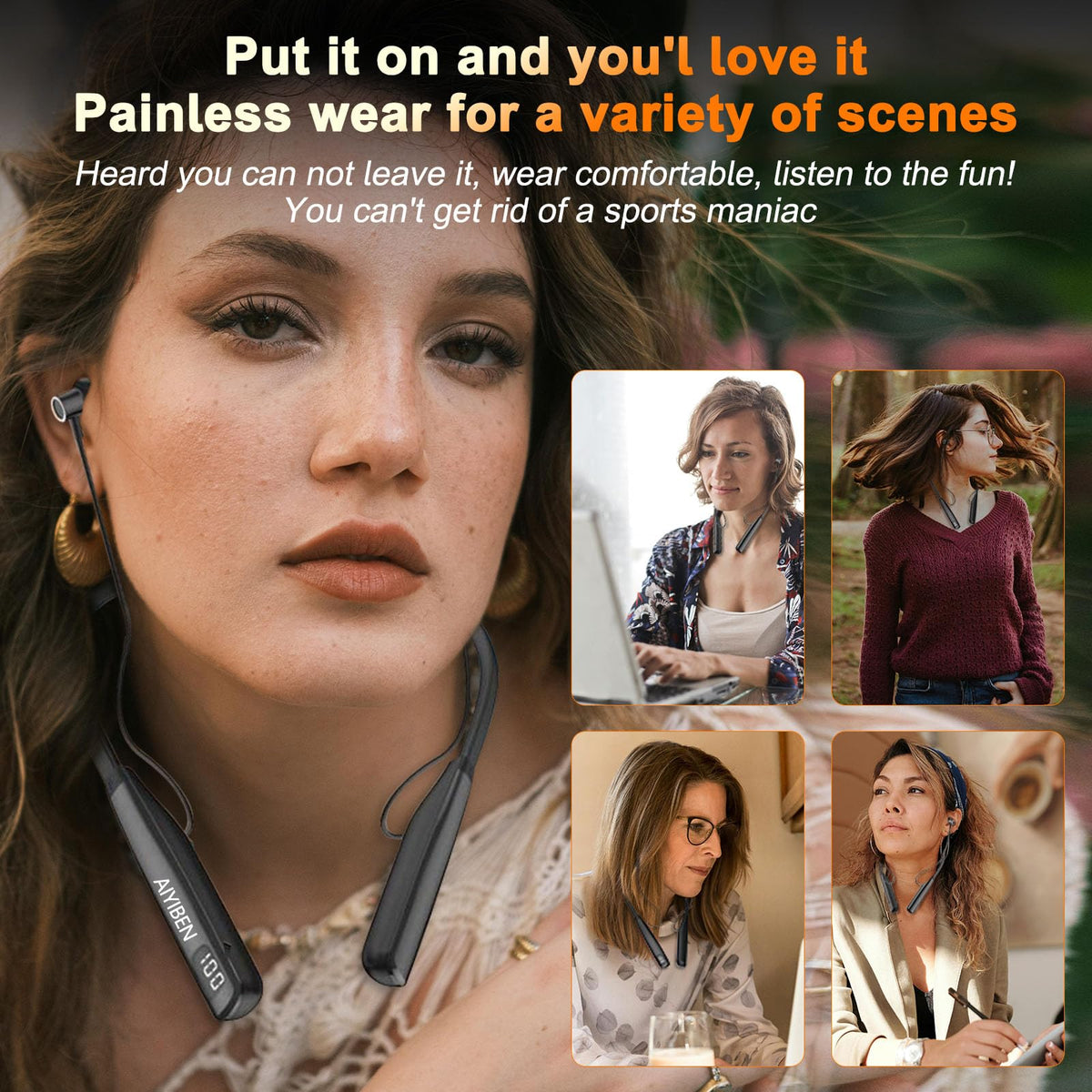 AIYIBEN neckband headphones magnetic earbuds for tangle-free storage.