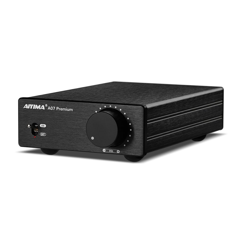 AIYIMA A07 front panel demonstrates compact design for desktop stereo setups