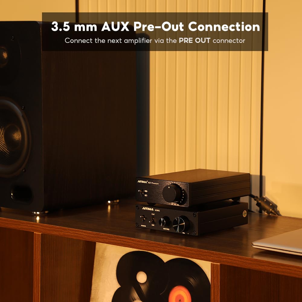 AIYIMA A07 pre-out and RCA outputs enable flexible 2.1 desktop configurations