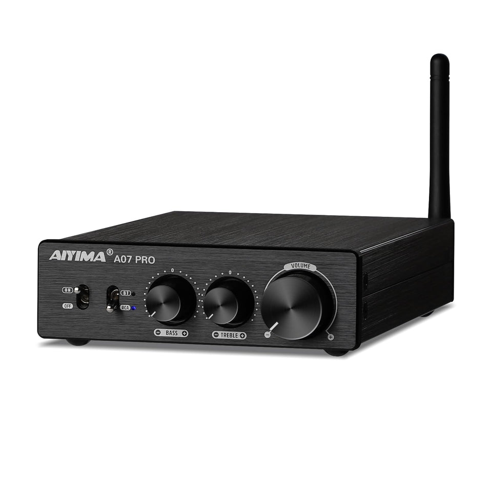 AIYIMA A07 Pro front panel with volume and tone controls for easy listening