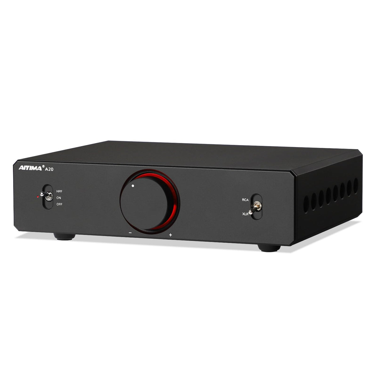 AIYIMA A20 power amplifier front view for a clean hi-fi setup.