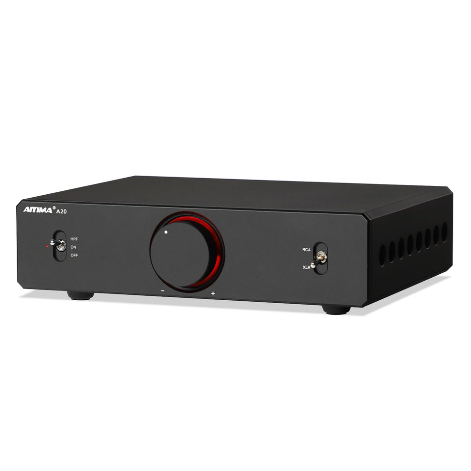 AIYIMA A20 power amplifier front view for a clean hi-fi setup.