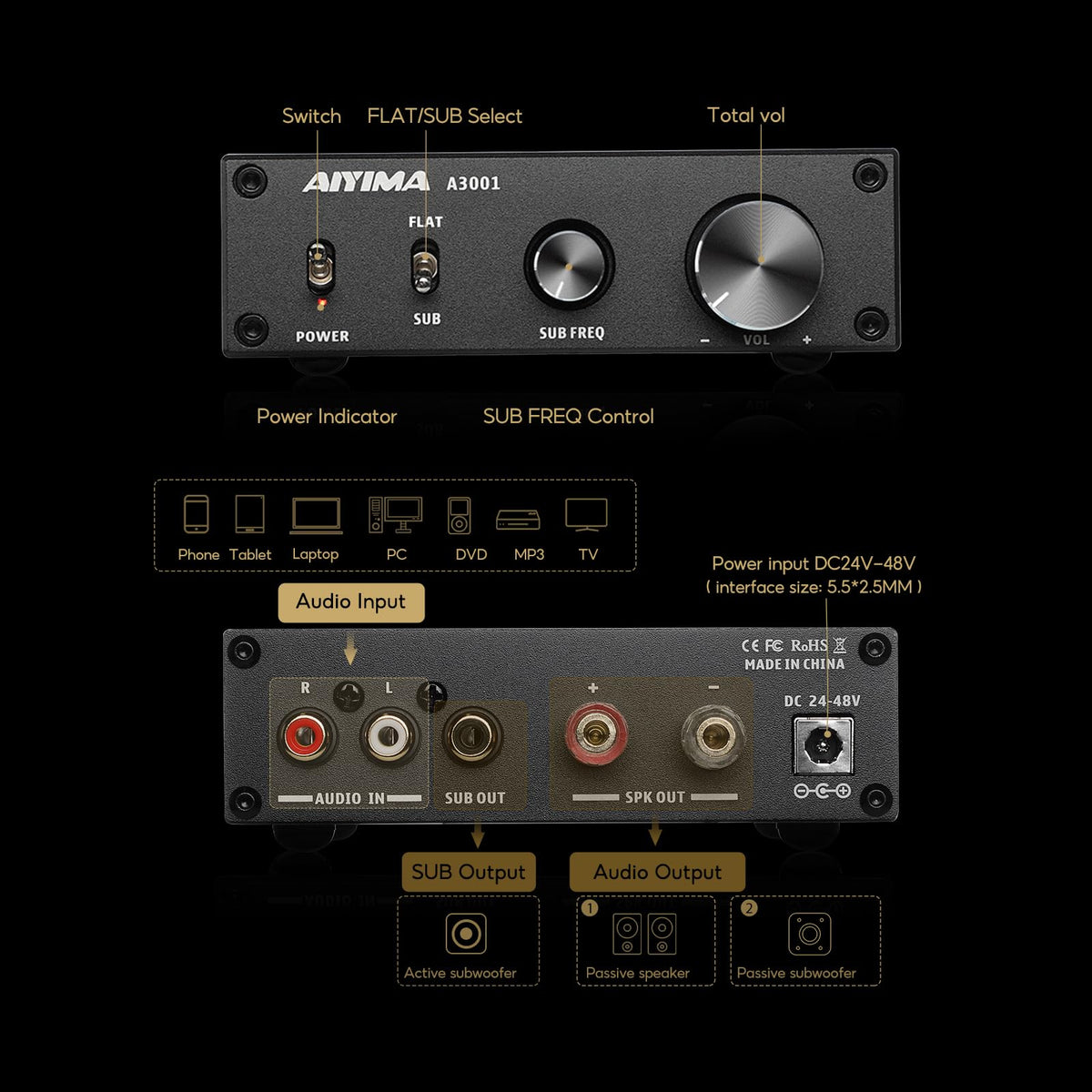 AIYIMA A3001 back panel with connections enables versatile speaker and subwoofer wiring.