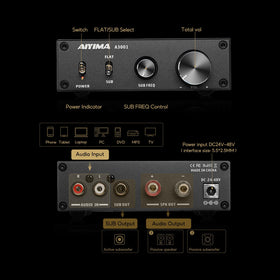 AIYIMA A3001 back panel with connections enables versatile speaker and subwoofer wiring.