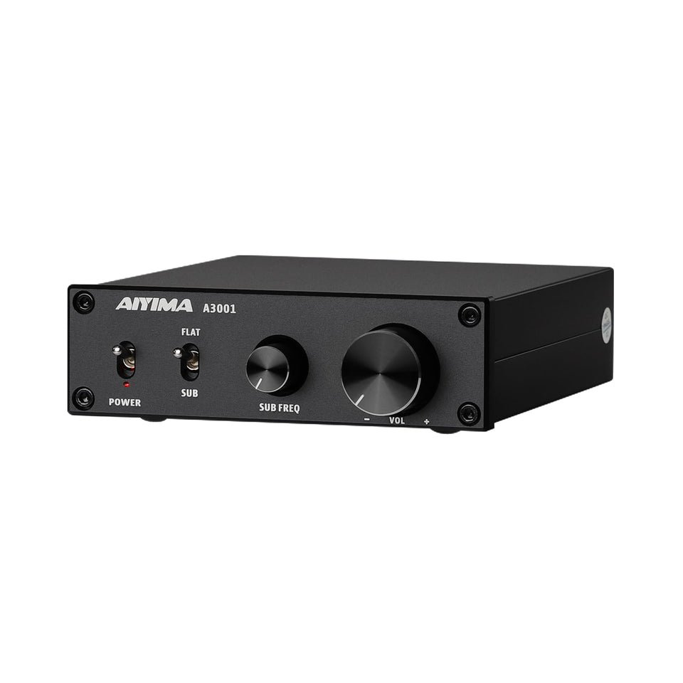 AIYIMA A3001 front panel for compact desktop setup with full controls.