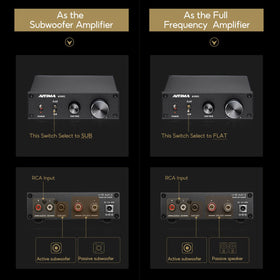 AIYIMA A3001 top view highlights sleek, unobtrusive home audio integration.