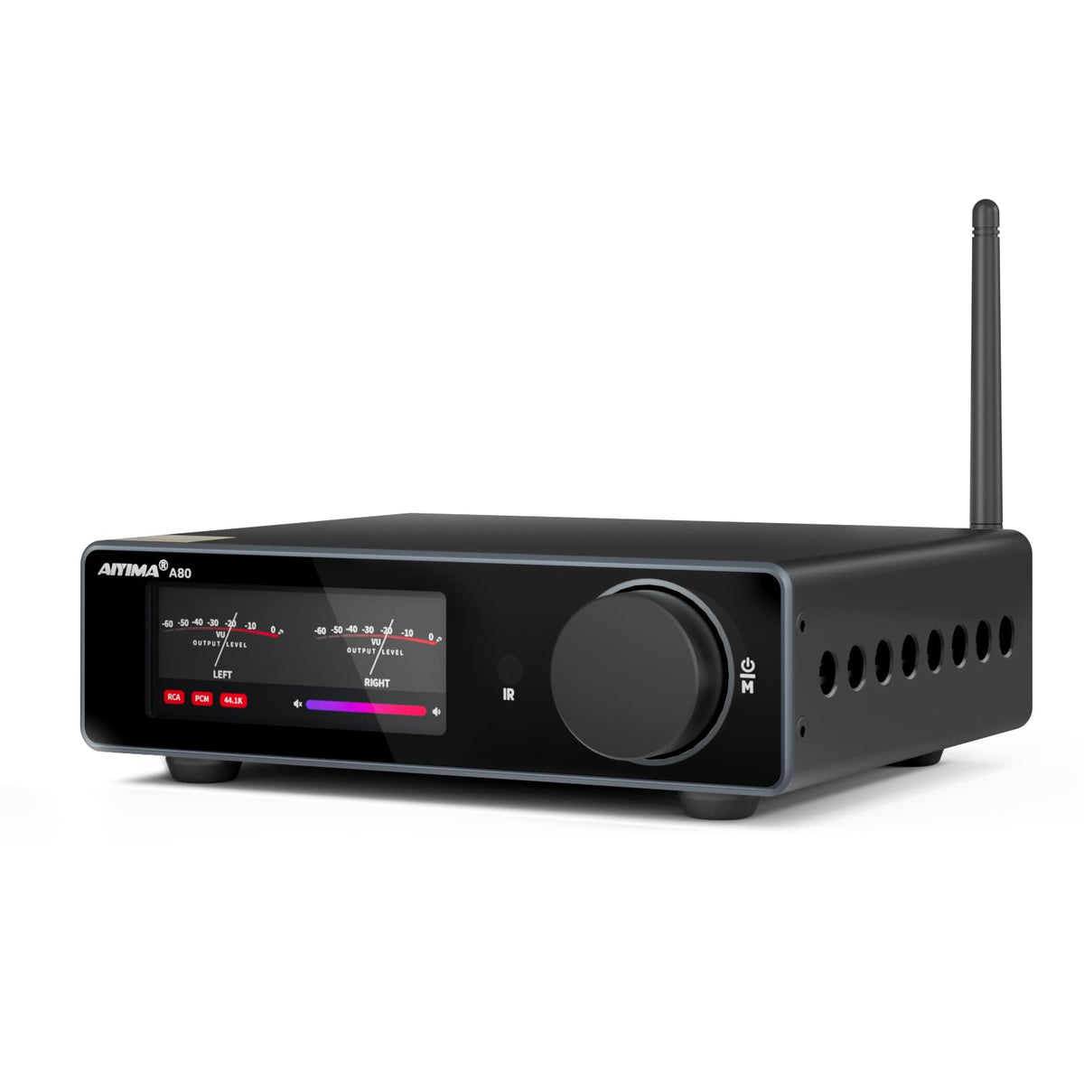 AIYIMA A80 front-panel VU meter shows live input levels for visual feedback