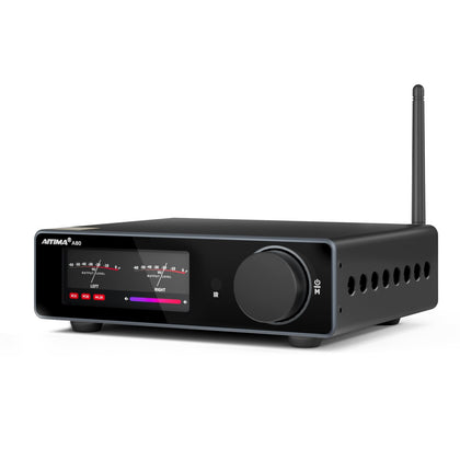AIYIMA A80 front-panel VU meter shows live input levels for visual feedback