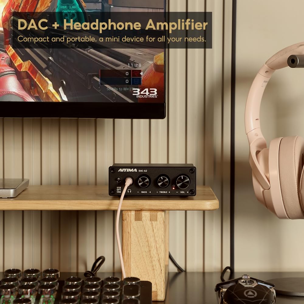 AIYIMA DAC-A2 closeup of bass and treble knobs, easy tonal adjustment benefit