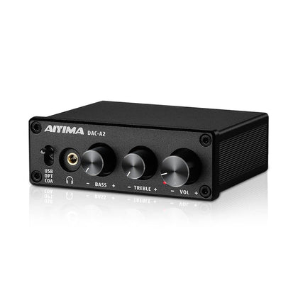 AIYIMA DAC-A2 front panel showing controls and volume, improved desktop listening