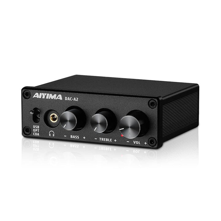 AIYIMA DAC-A2 front panel showing controls and volume, improved desktop listening