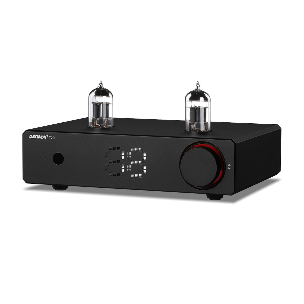 AIYIMA T20 front panel shows premium unibody design for elegant hi-fi aesthetics.