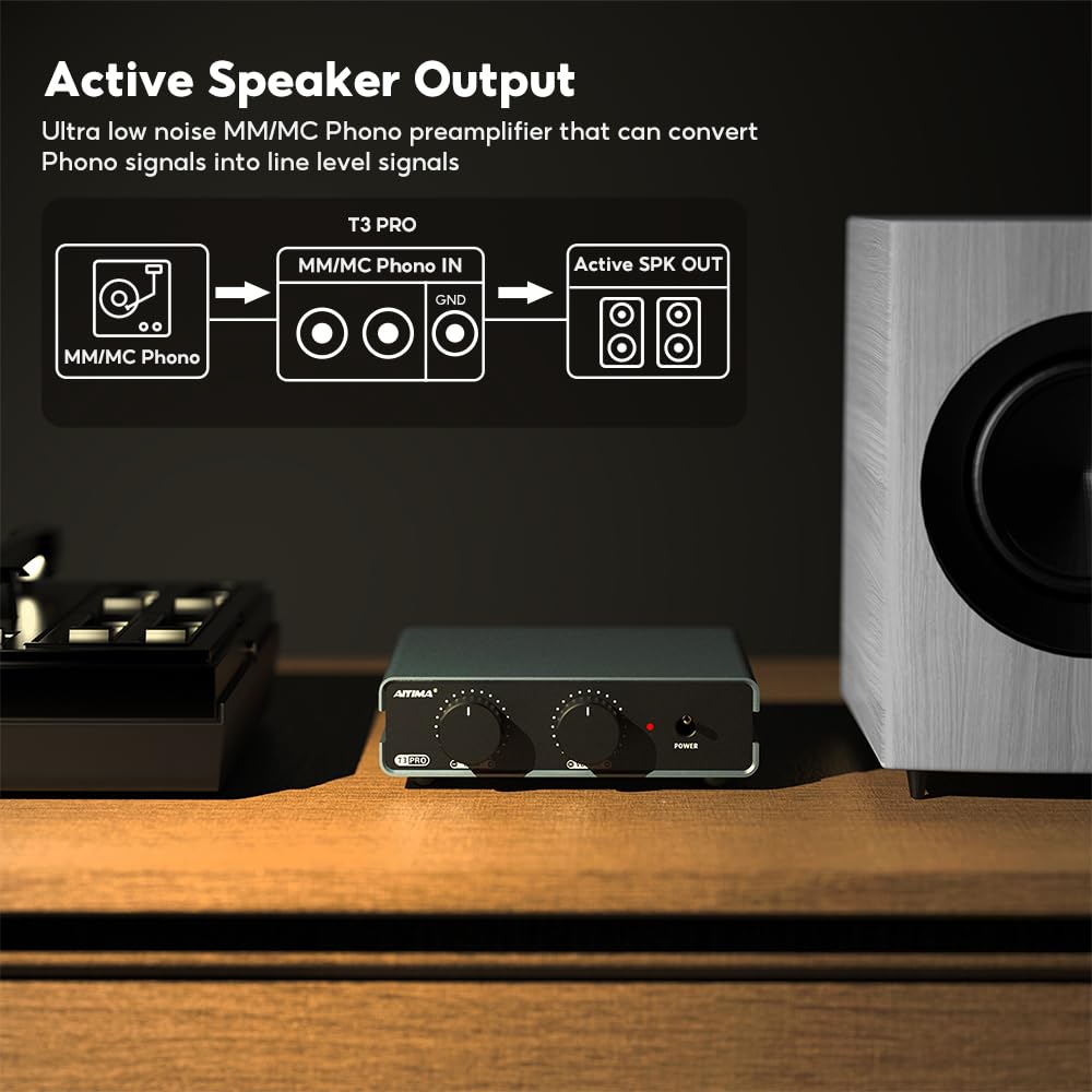 AIYIMA T3 PRO compact phono preamp for desktop use.
