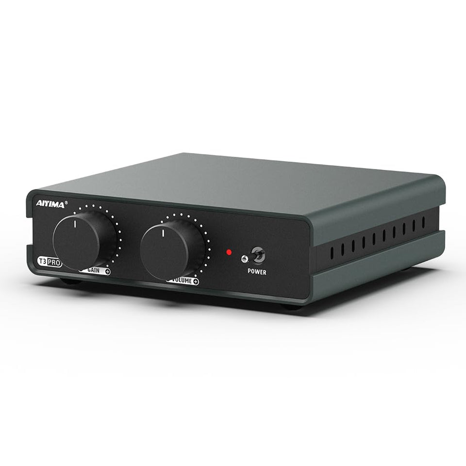 AIYIMA T3 PRO front panel gain control for precise vinyl adjustment.