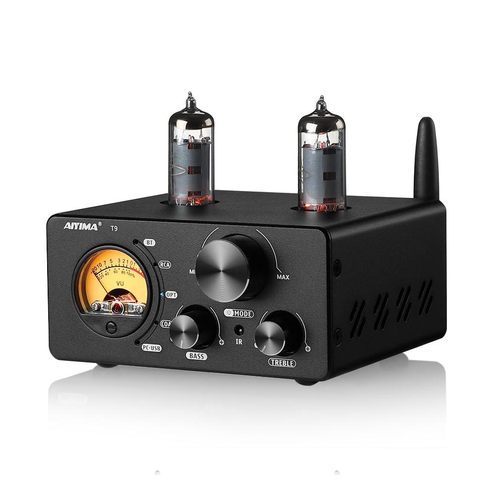 AIYIMA T9 front panel controls for easy input switching and volume control.