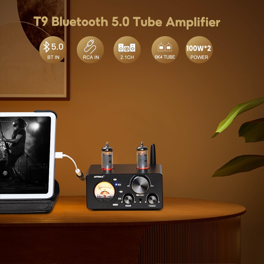 AIYIMA T9 connected to bookshelf speakers for rich desktop listening.