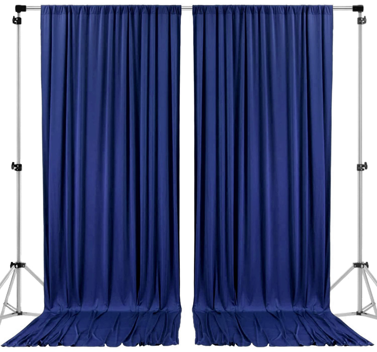 AK TRADING CO. navy blue backdrop with rod-pocket top for quick hanging.