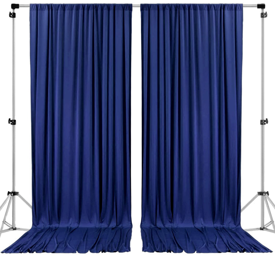 AK TRADING CO. navy blue backdrop with rod-pocket top for quick hanging.