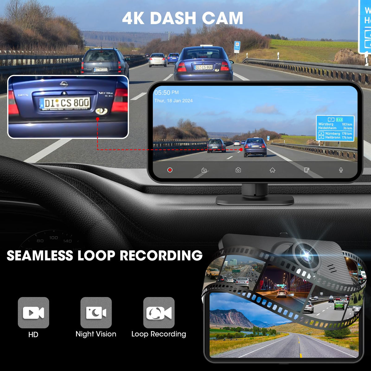 AKAMATE rear camera 1080p backup view for clearer reversing.