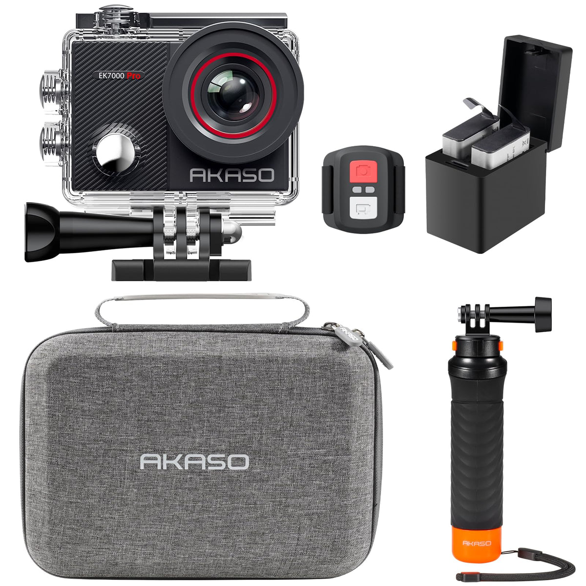 AKASO EK7000 Pro front view shows compact action camera ready for on-the-go filming.