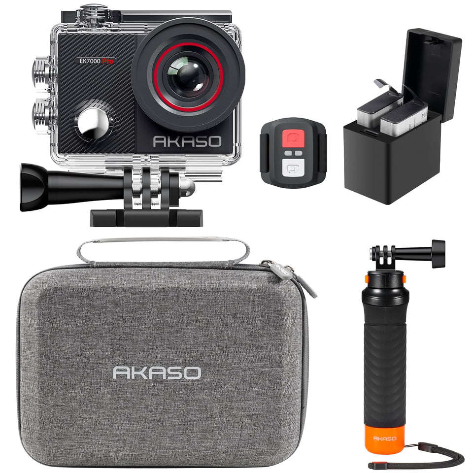 AKASO EK7000 Pro front view shows compact action camera ready for on-the-go filming.