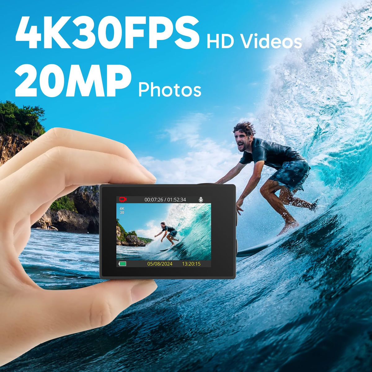AKASO EK7000 waterproof case protects the camera to 131 feet underwater.