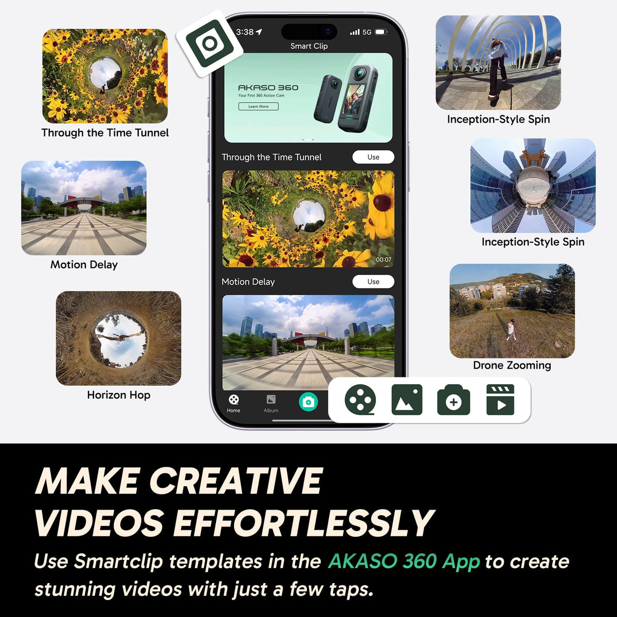 AKASO 360 AI tracking keeps subjects centered during fast motion.