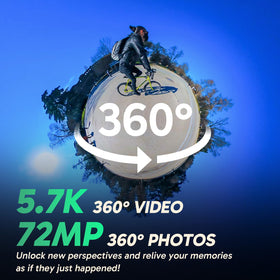 AKASO 360 camera 360-degree panorama highlights crisp 72MP photos for sharp memories.