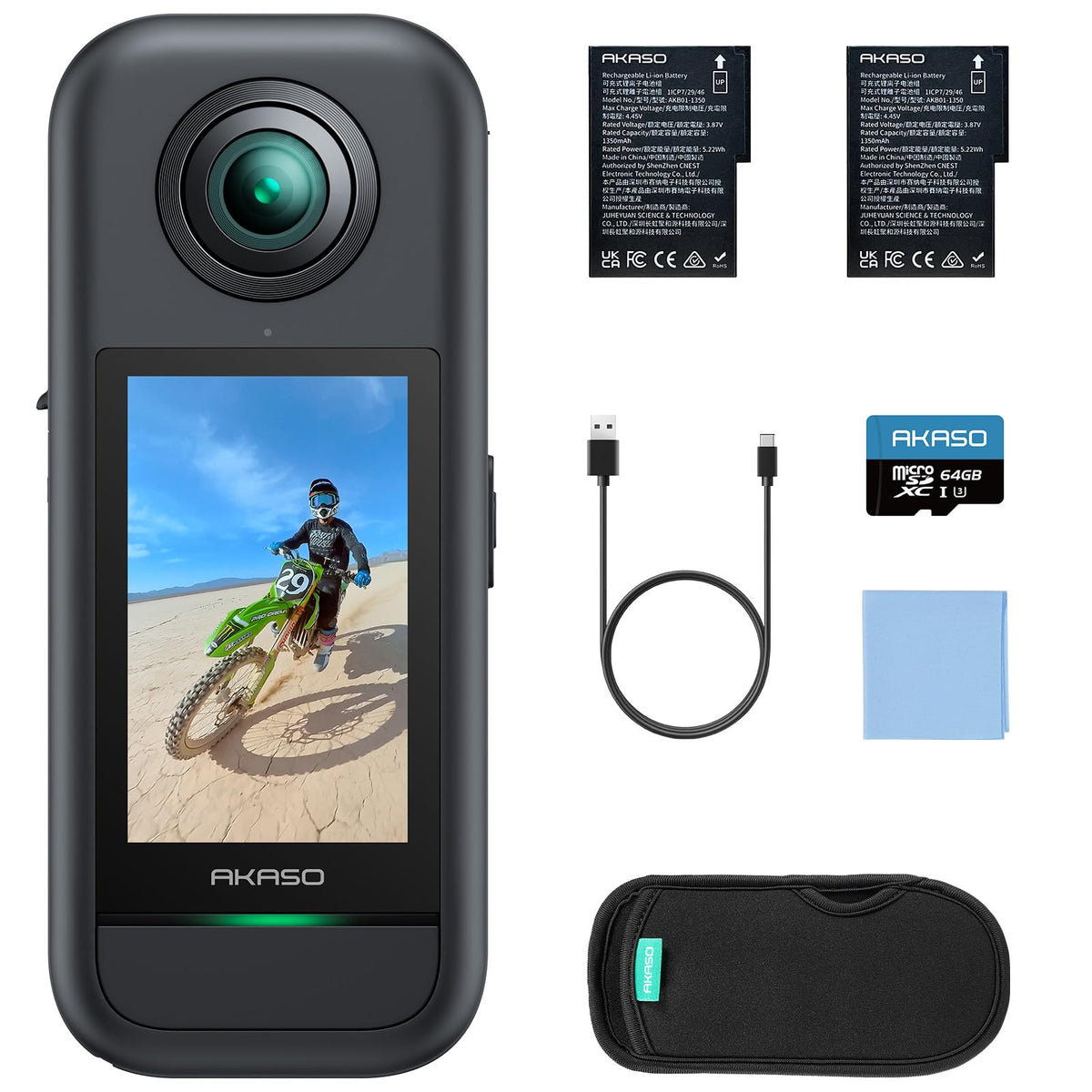 AKASO 360 camera front view for immersive action capture and sharing.